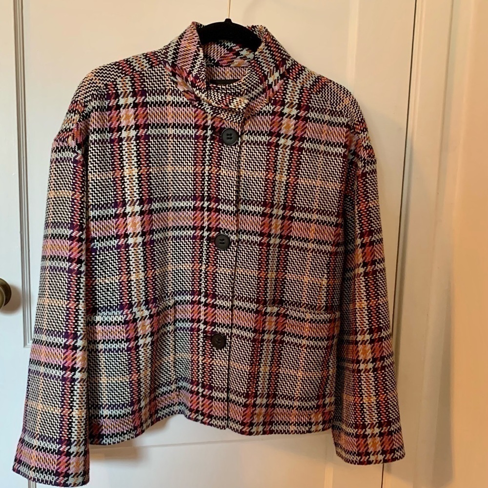 HALOGEN Tweed Crop Jacket Blazer Oversized Knit High Collar Boxy L Multicolor